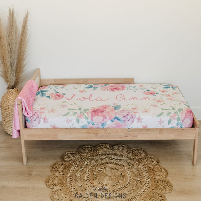 Blush Watercolor Floral Personalized Crib Sheet