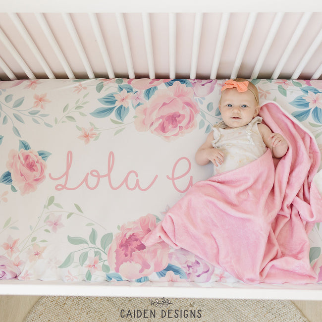 Blush Watercolor Floral Personalized Crib Sheet