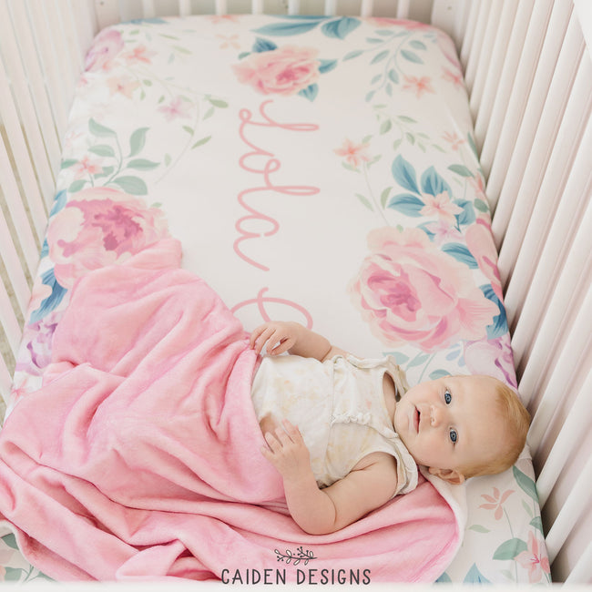 Blush Watercolor Floral Personalized Crib Sheet