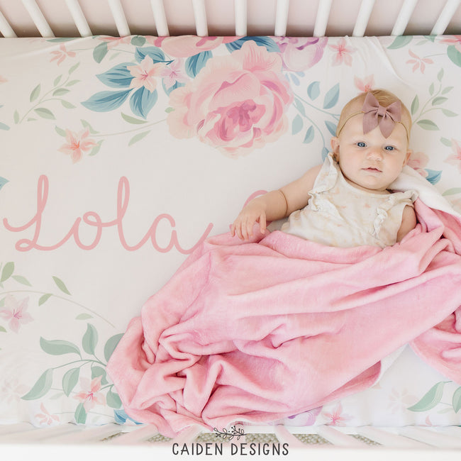 Blush Watercolor Floral Personalized Crib Sheet