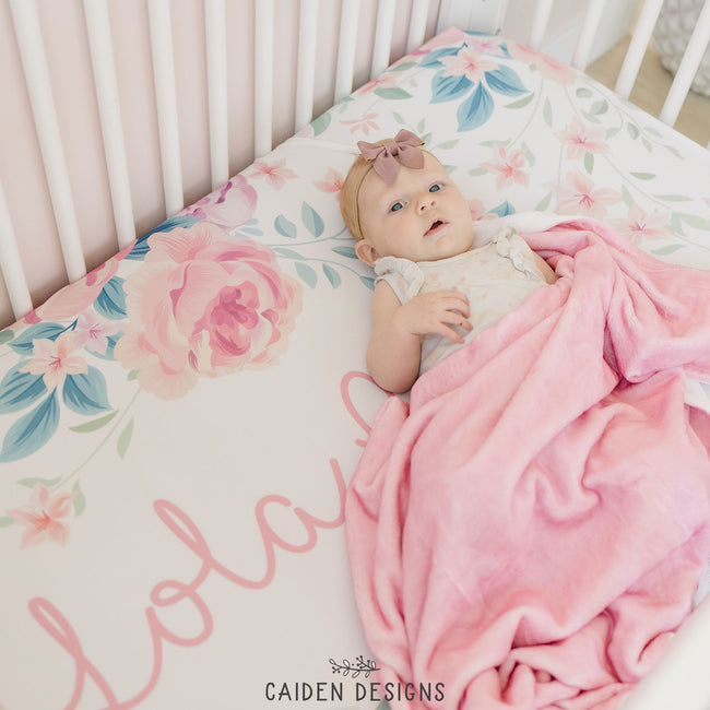Blush Watercolor Floral Personalized Crib Sheet