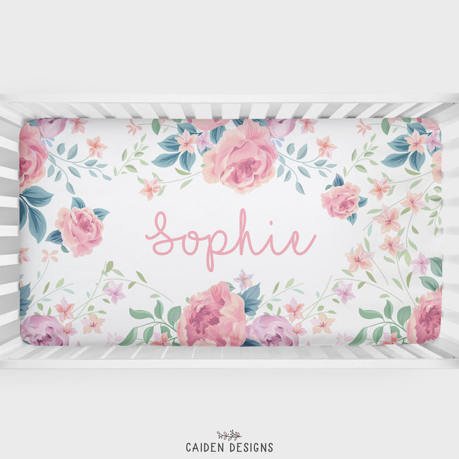 Blush Watercolor Floral Personalized Crib Sheet