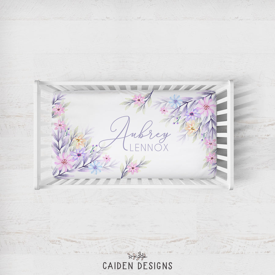Pastel Watercolor Flowers Personalized Crib Sheet
