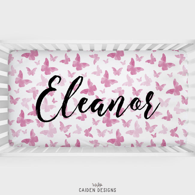 Pink Butterflies Personalized Crib Sheet