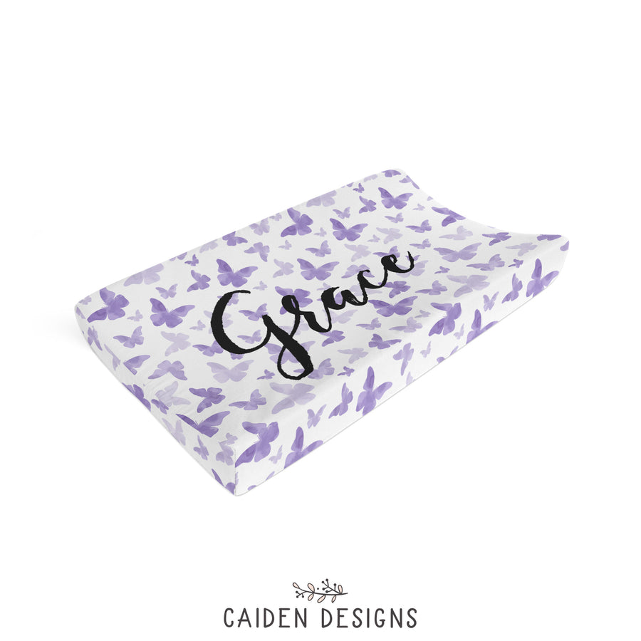 Purple Butterflies Personalized Changing Pad Cover