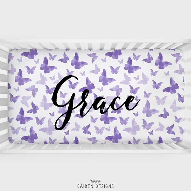 Purple Butterflies Personalized Crib Sheet