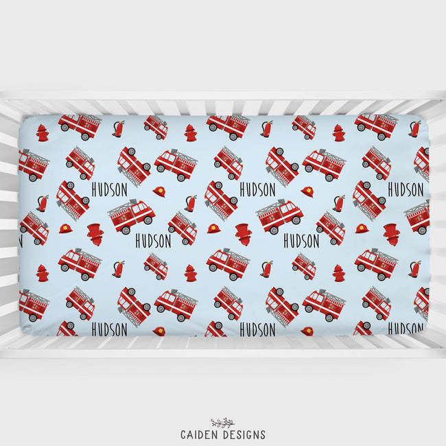 Red Fire Trucks Personalized Crib Sheet