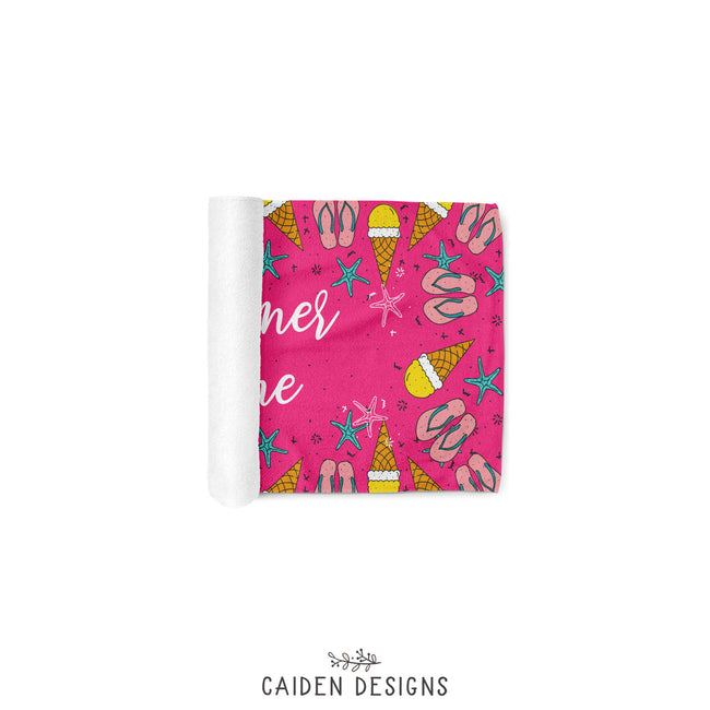 Personalized pink beach towel with ice creams and flip flops design 