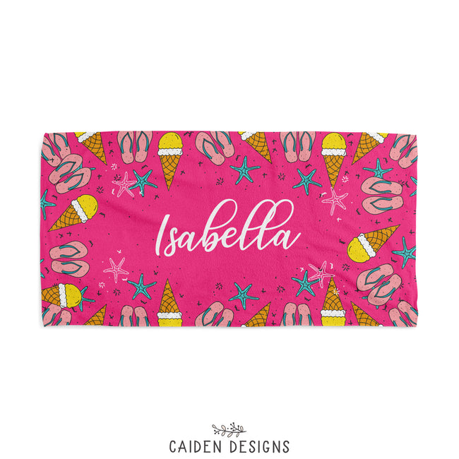 Pink personalized beach towel featuring a flip flops and ice cream design the name Isabella on it