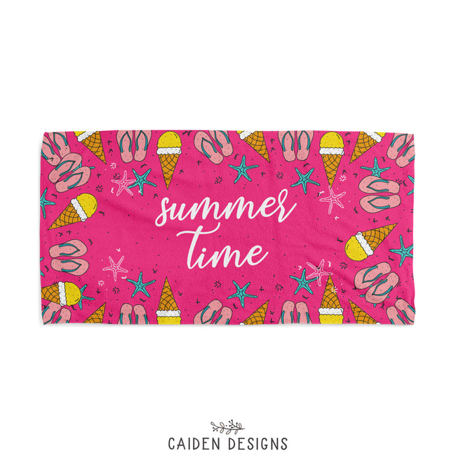A personalized beach towel featuring a flip flops and ice cream design with the words 'Sumer time' printed on it