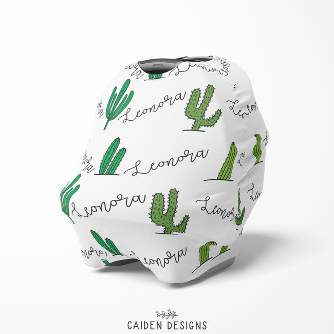 A multi-use personalized baby car seat cover featuring a tropical cactus design