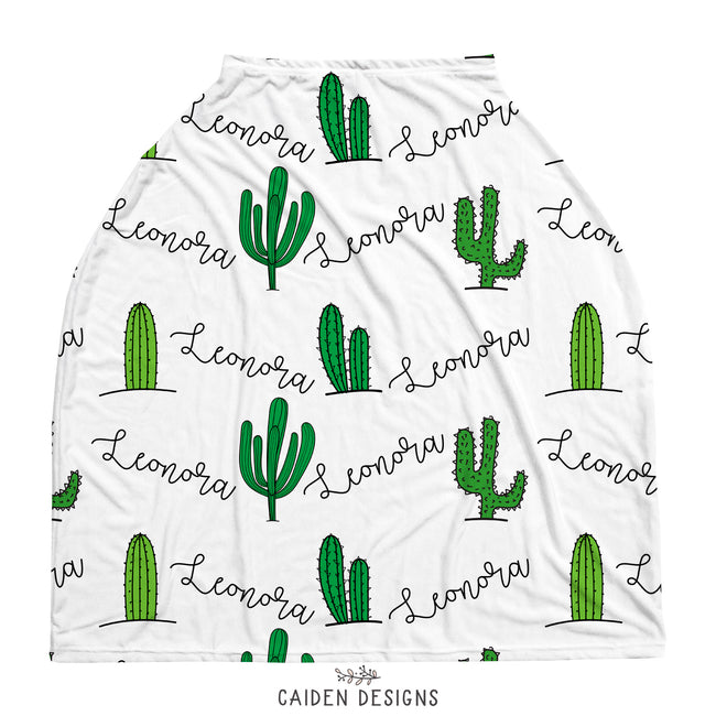 A multi-use personalized baby car seat cover featuring a tropical cactus design and the name Leonora on it