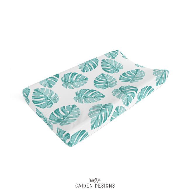 Tropical monstera leaves baby changing pad cover