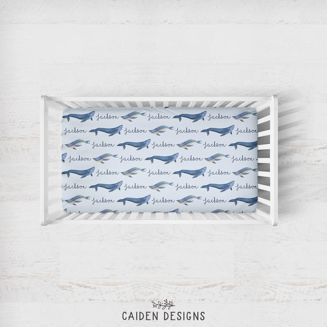 Watercolor Whales Personalized Crib Sheet