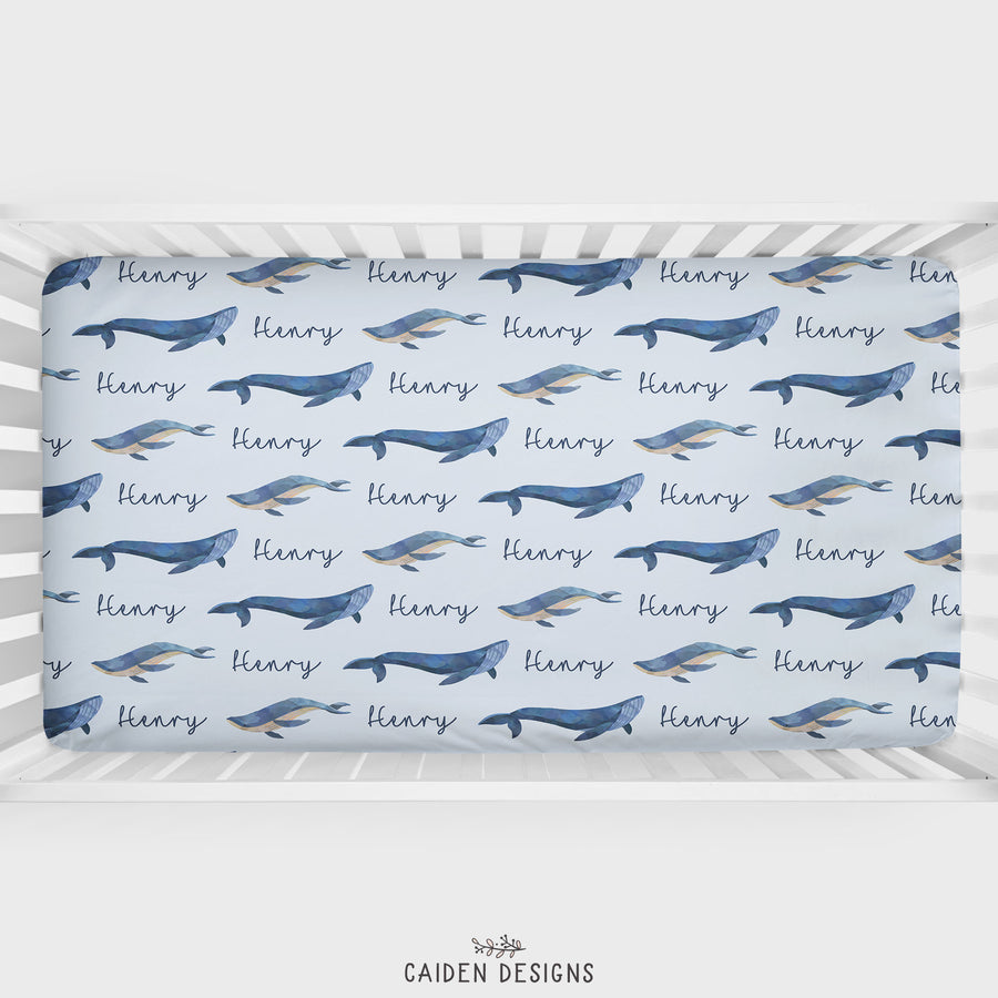 Watercolor Whales Personalized Crib Sheet